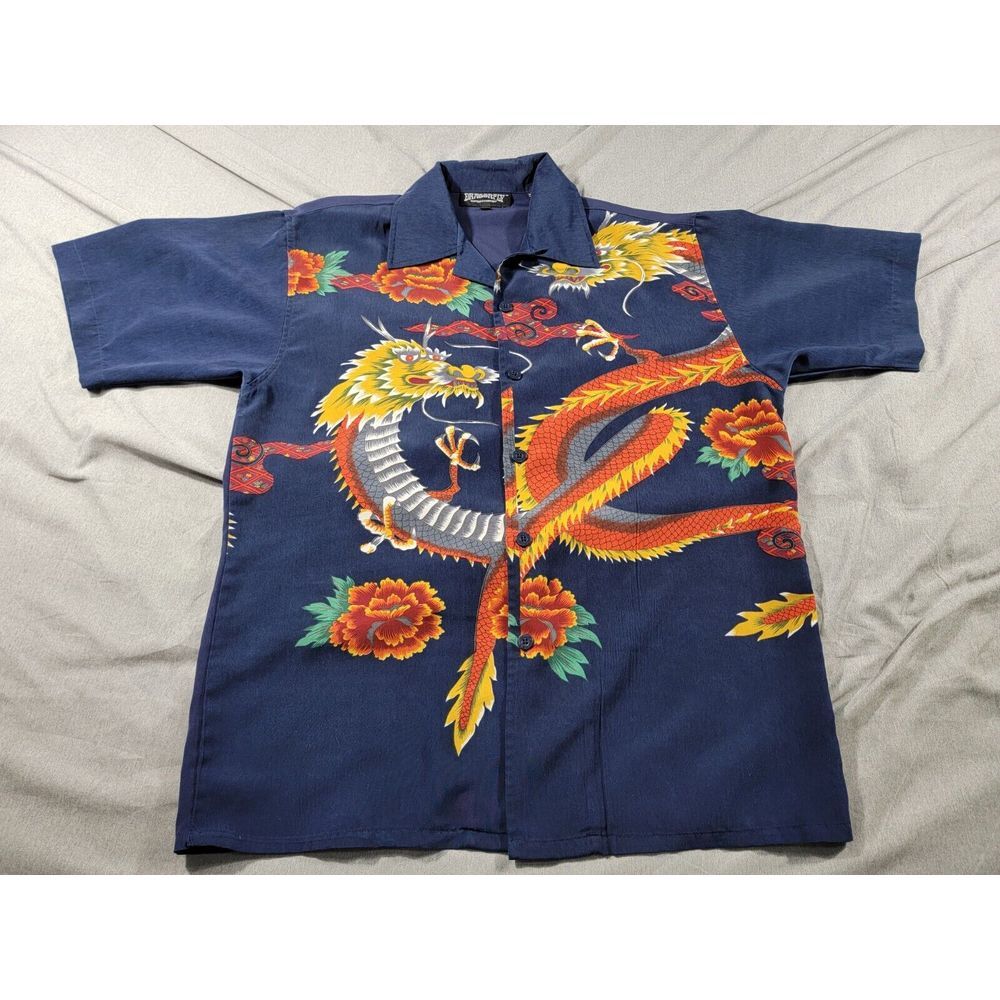 Vintage Dragonfly‎ Shirt Mens Medium Blue Asian Chinese Dragons, Short Sleeve